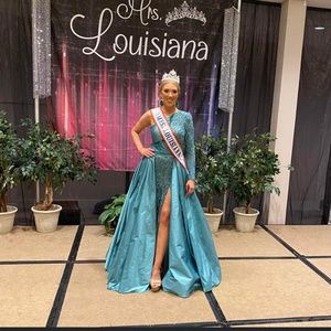 Nil Green Tarik Ediz Pageant Gown with Overskirt